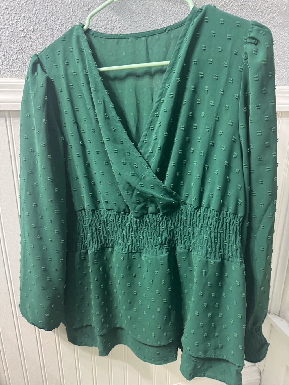 Green Textured V-Neck Long Sleeve Women's Wrap Top
